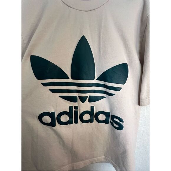 Adidas Cream Color Short Sleeve Oversized T-Shirt With Teal Logo - Picture 2 of 5